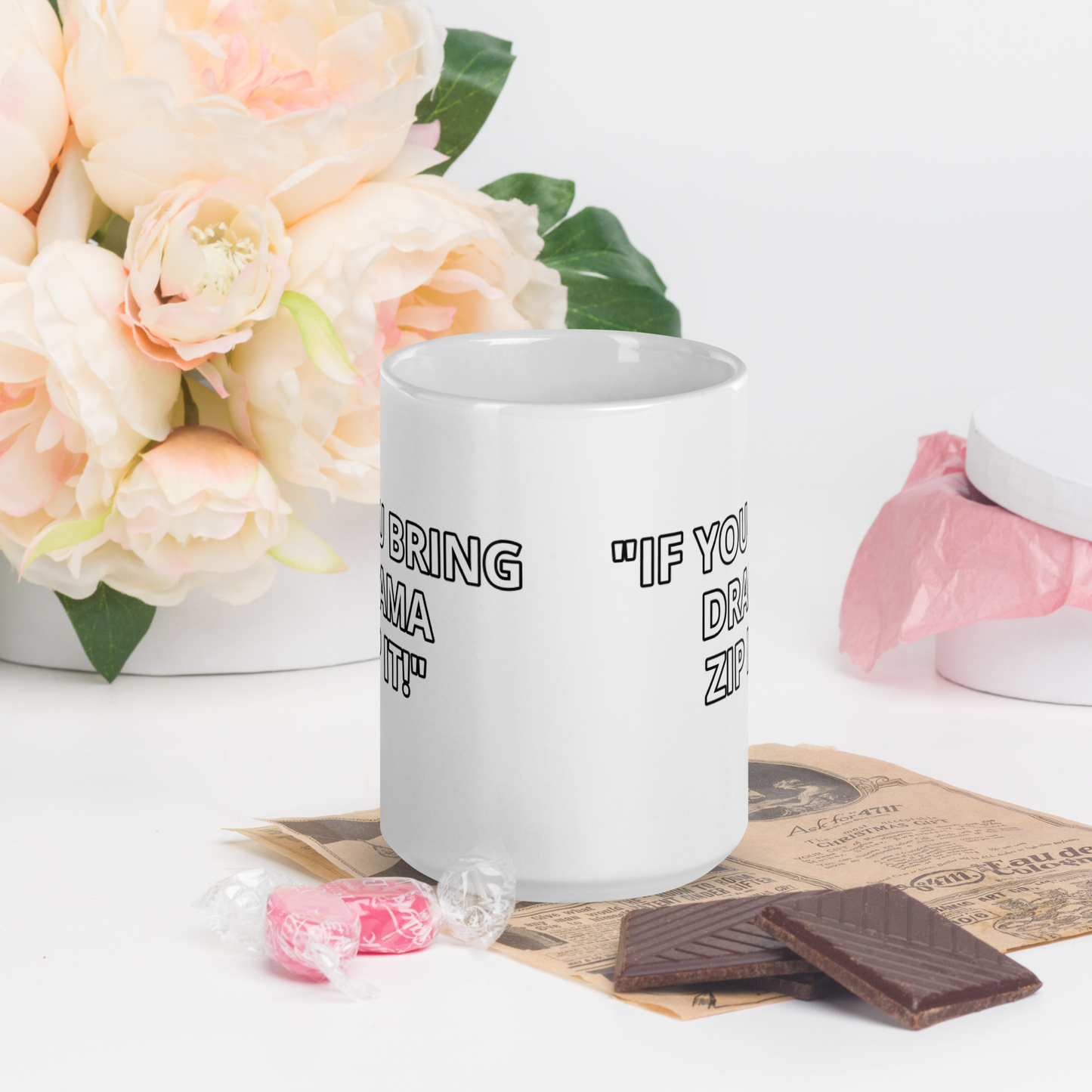 Bring Drama Zip It White Mug